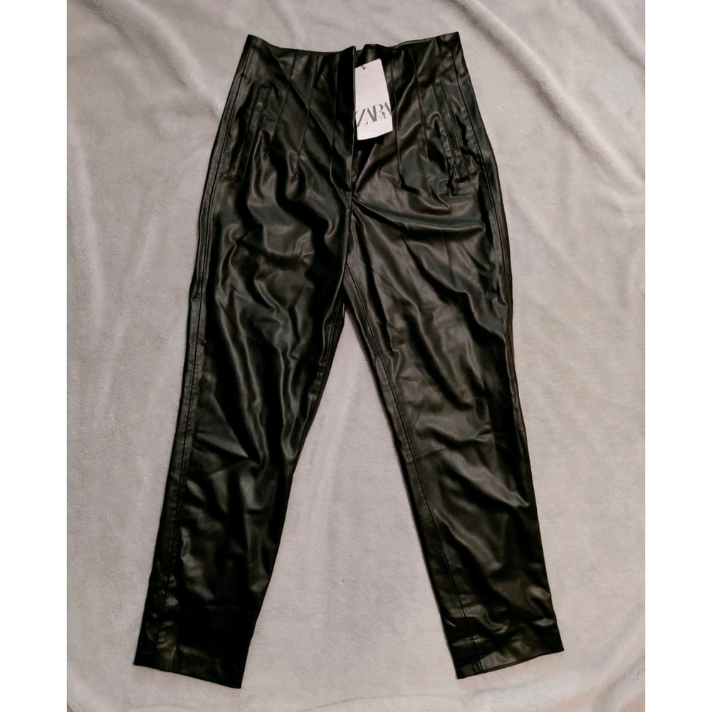 Zara Leather Pants Women Black Stretch Pleated High Rise Straight Leg Medium NWT